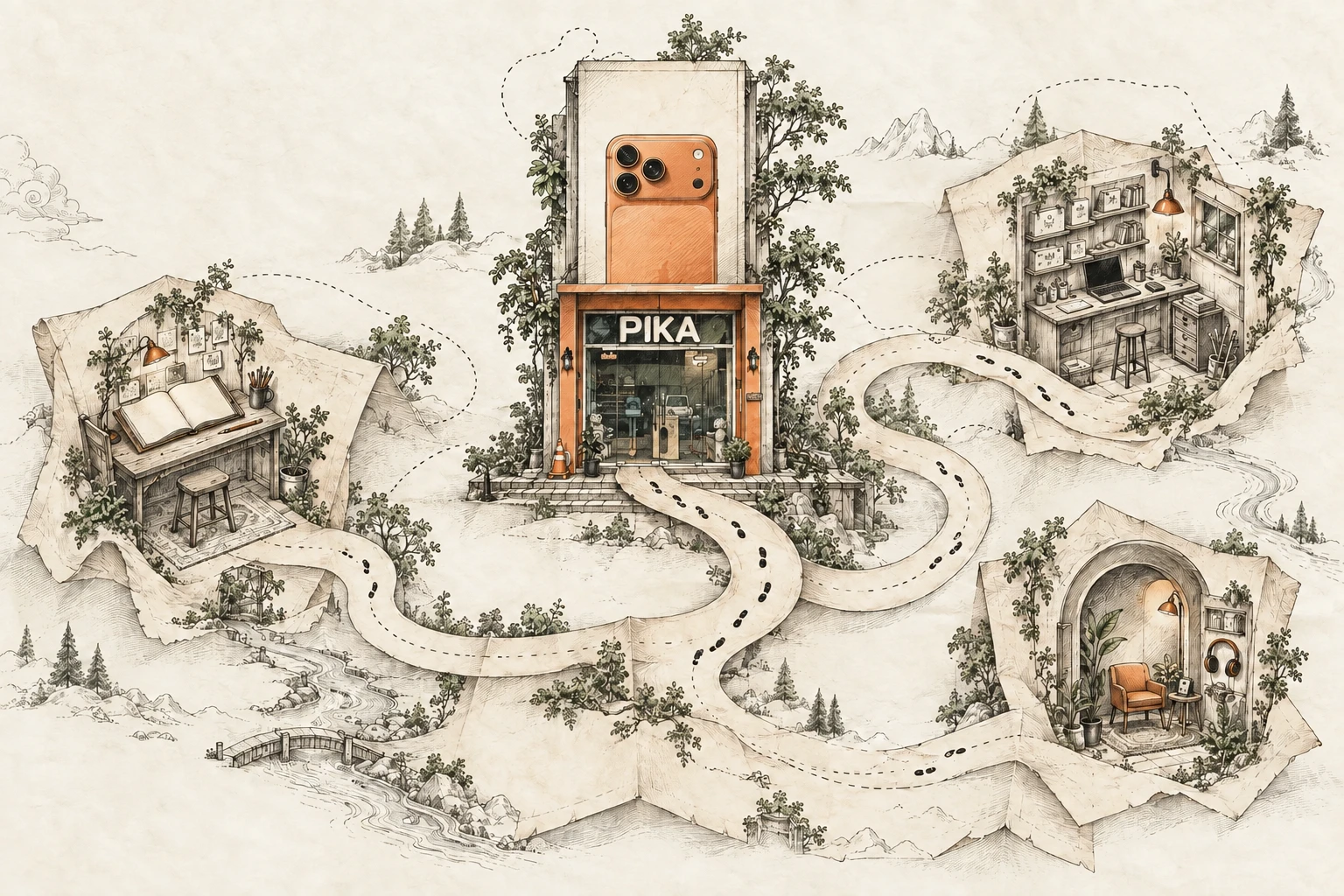 แผนที่ภาพวาดเส้นหมึก มีร้าน PIKA กลางทางที่เชื่อมห้องสร้างสรรค์ ห้องทำงาน และมุมพักใจ