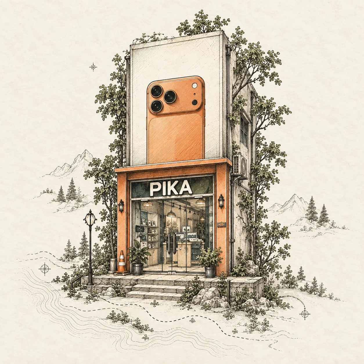 ภาพวาดเส้นหมึกหน้าร้าน PIKA อ้างอิงรูปทรงหน้าร้านของเจ้าของ